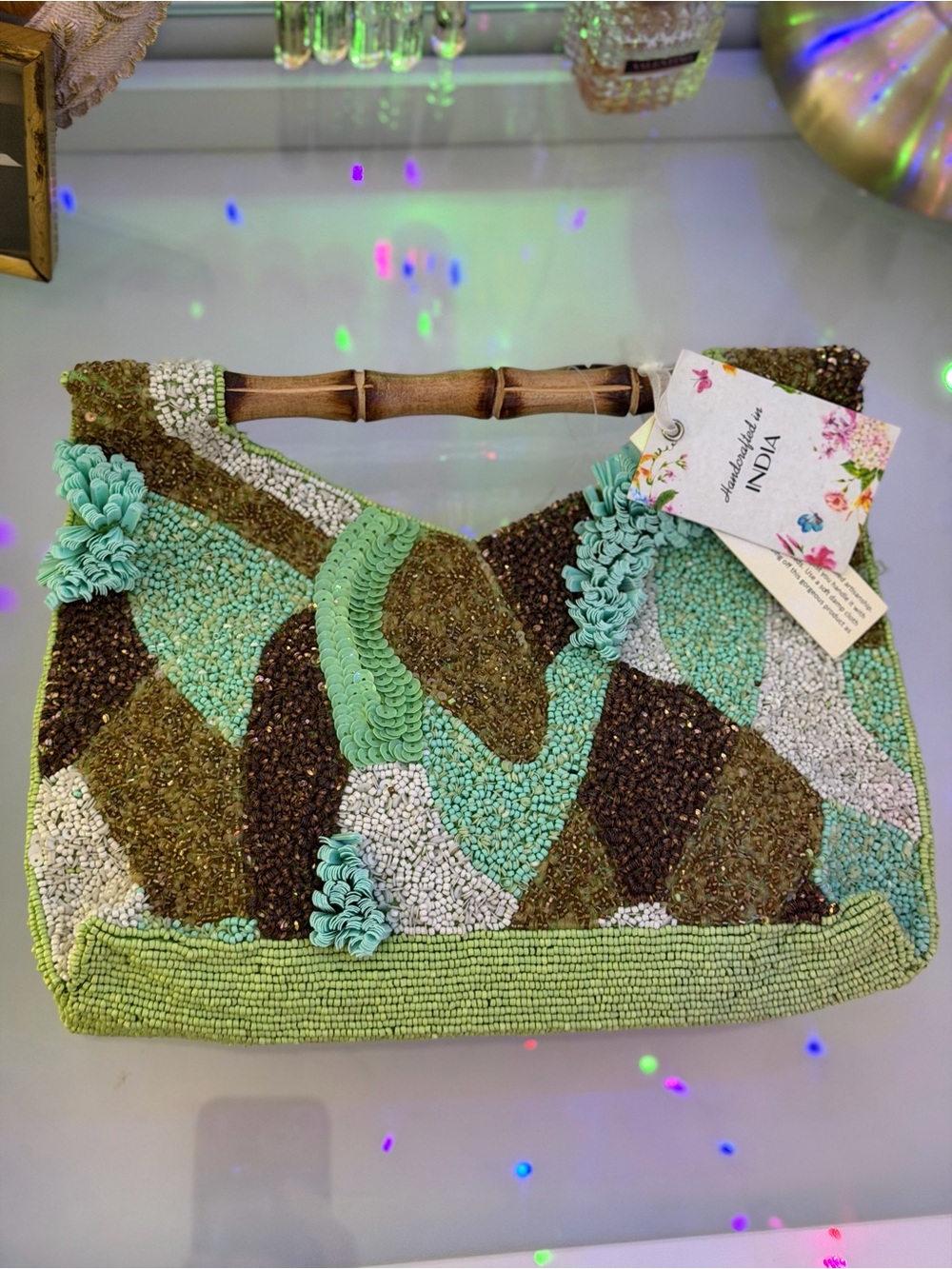 Made in India viral green abstract sequin beaded bamboo handle clutch purse bag